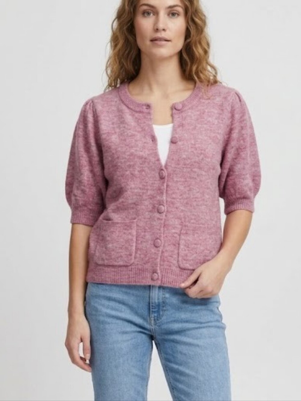 Fransa Women's Pink Short-Sleeve Button Cardigan Sweater Wool Alpaca Blend XS